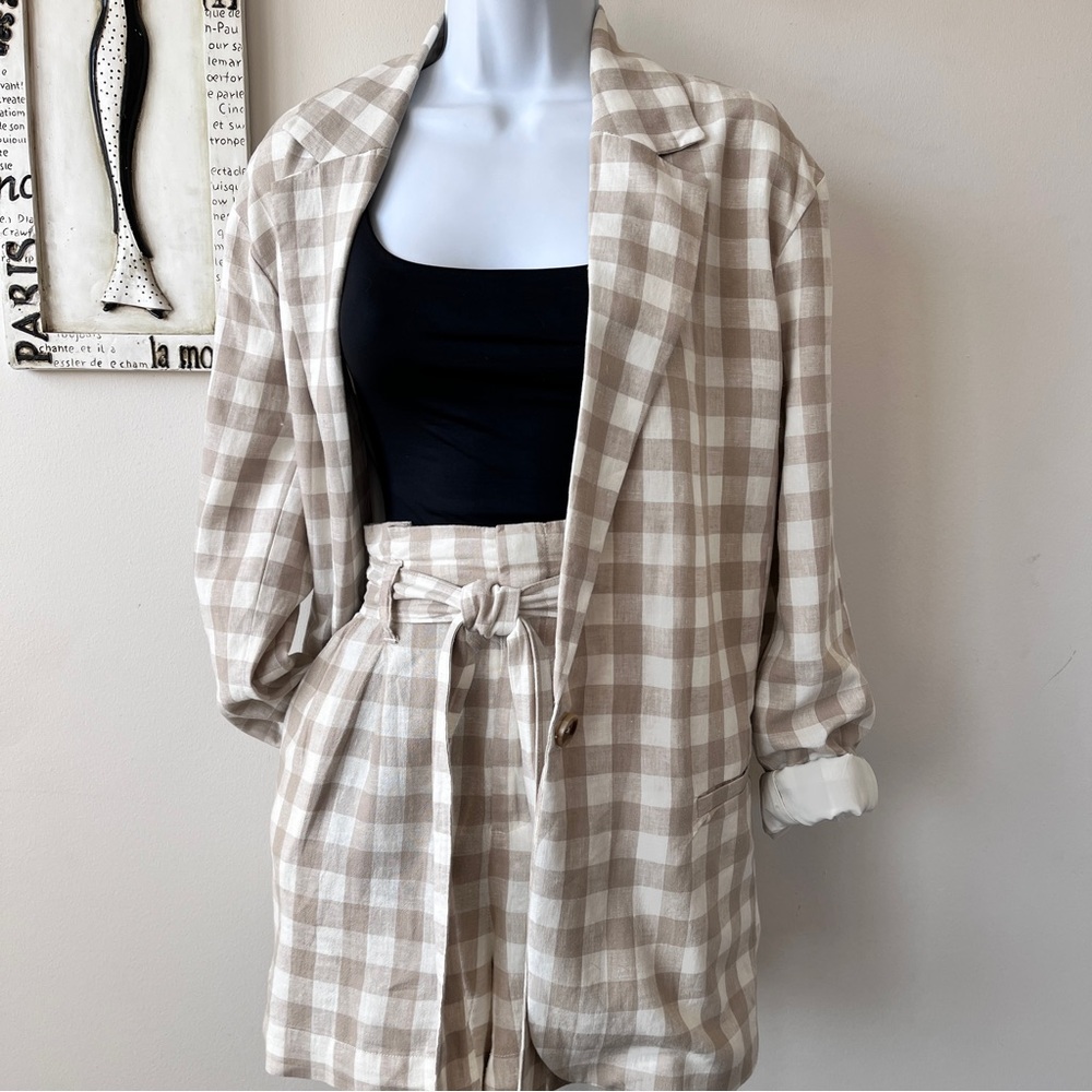 Target A New Day Checkered Gingham Tan Linen Blend Two Piece Short Suit Size M